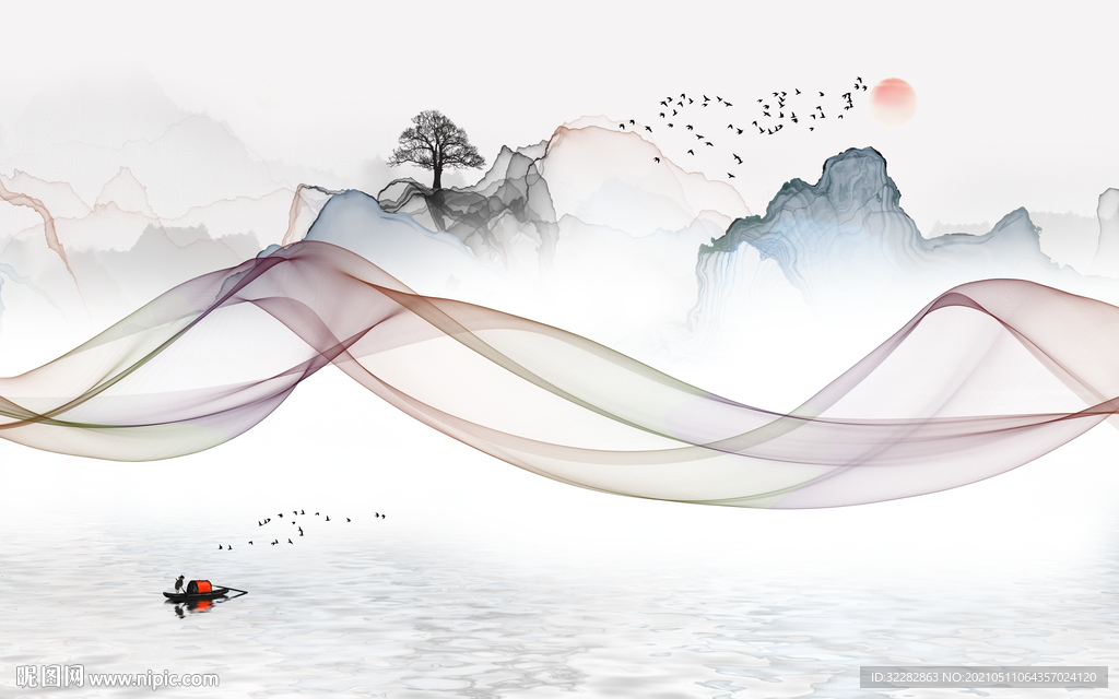 线条 中式风景山水 文件分层 