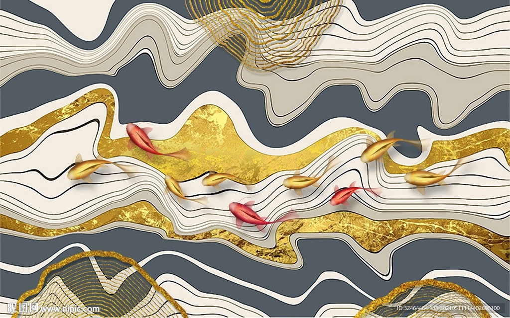 高端抽象金山九鱼图