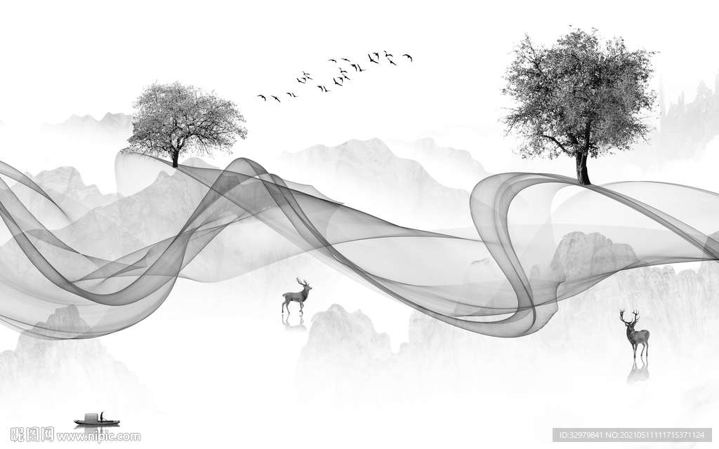 中式 风景意境山水 文件分层 