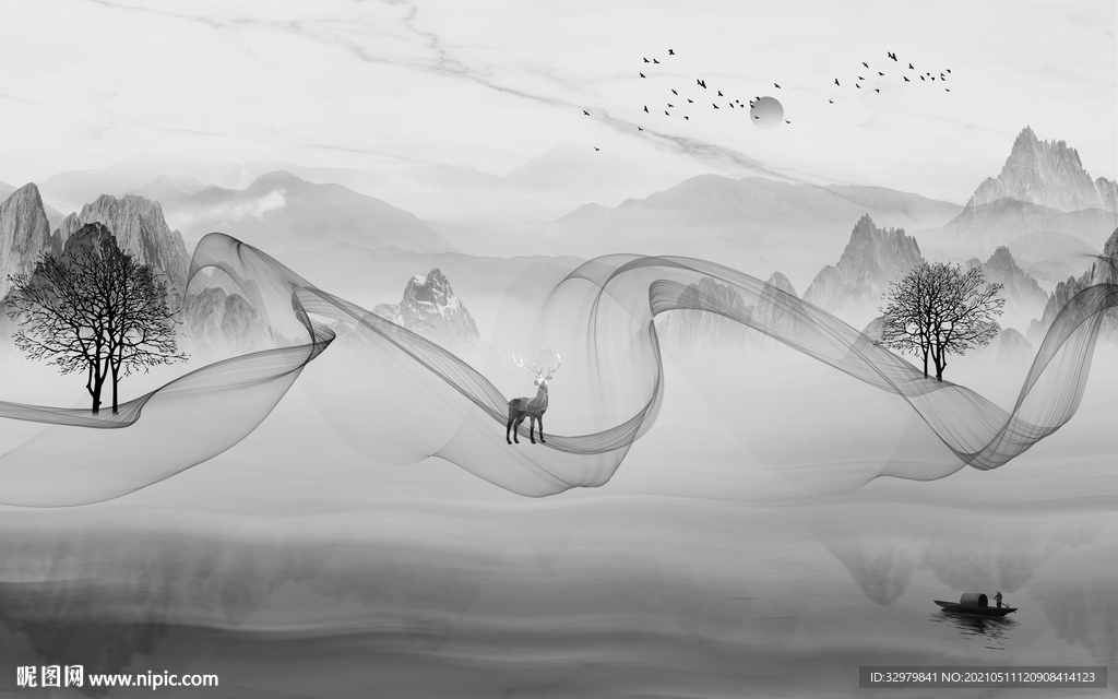 中式大气意境山水 文件分层 