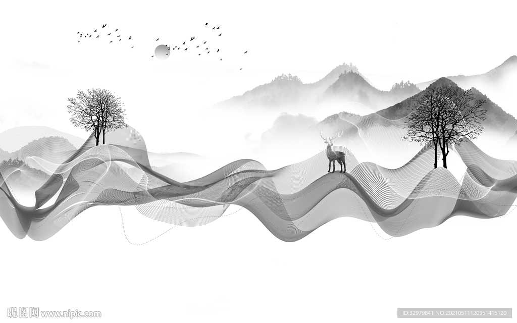 线条大气意境山水 文件分层 