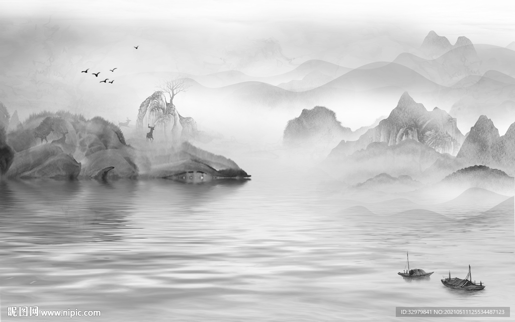 客厅大气中式山水 文件分层 