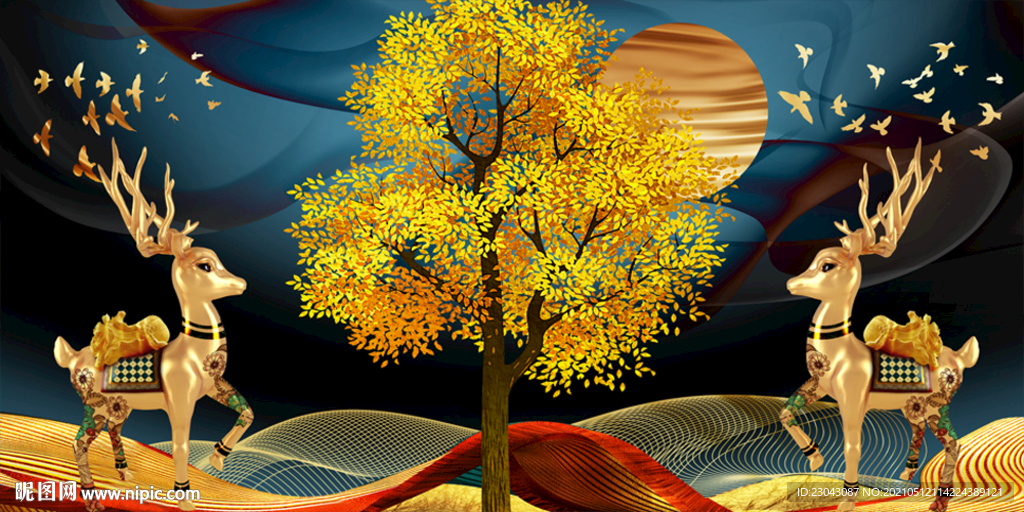 立体麋鹿山水画