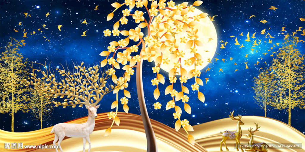 金色树麋鹿装饰画