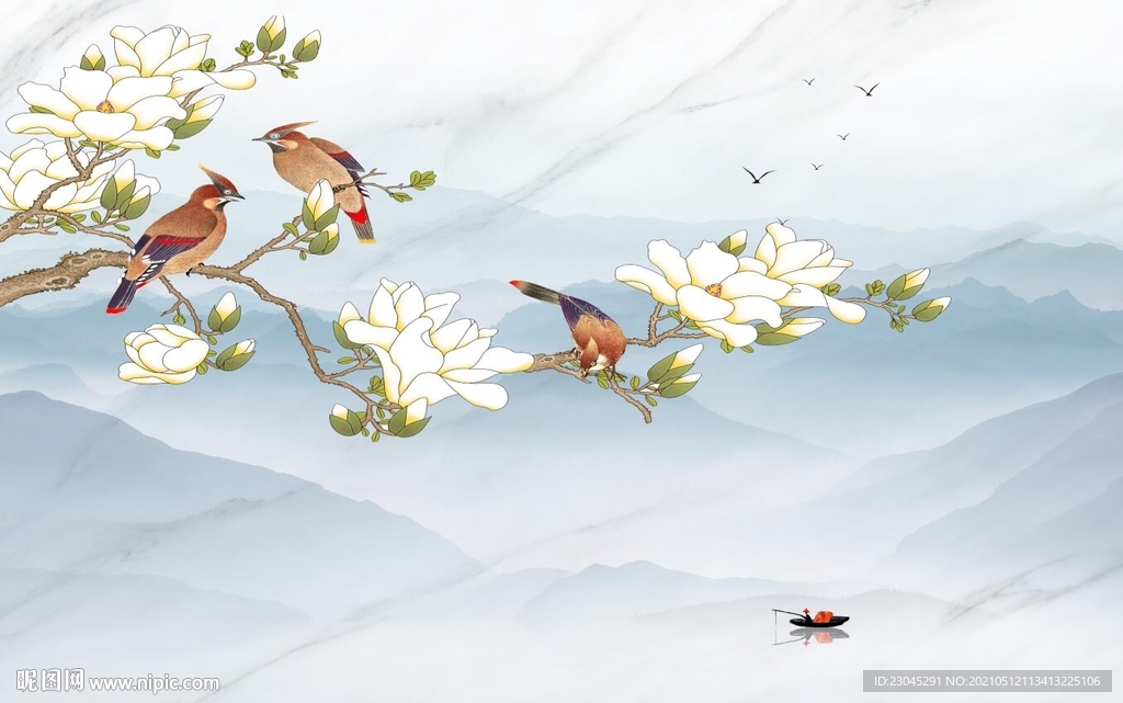 白玉兰画眉新中式客厅山水背景墙