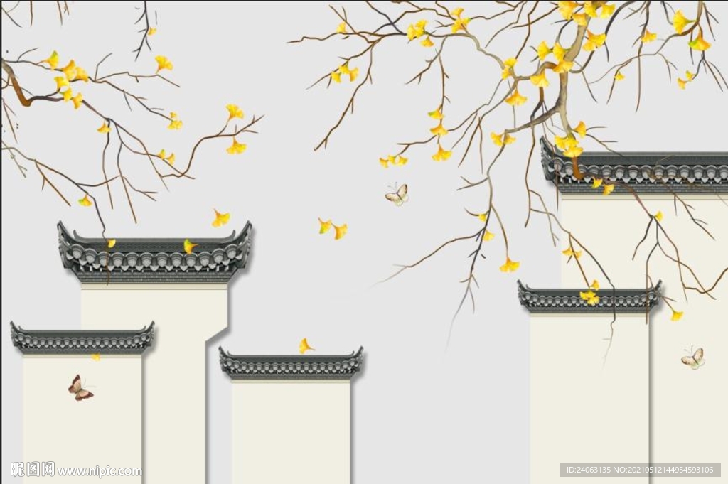 中式银杏徽式建筑江南春色背景墙