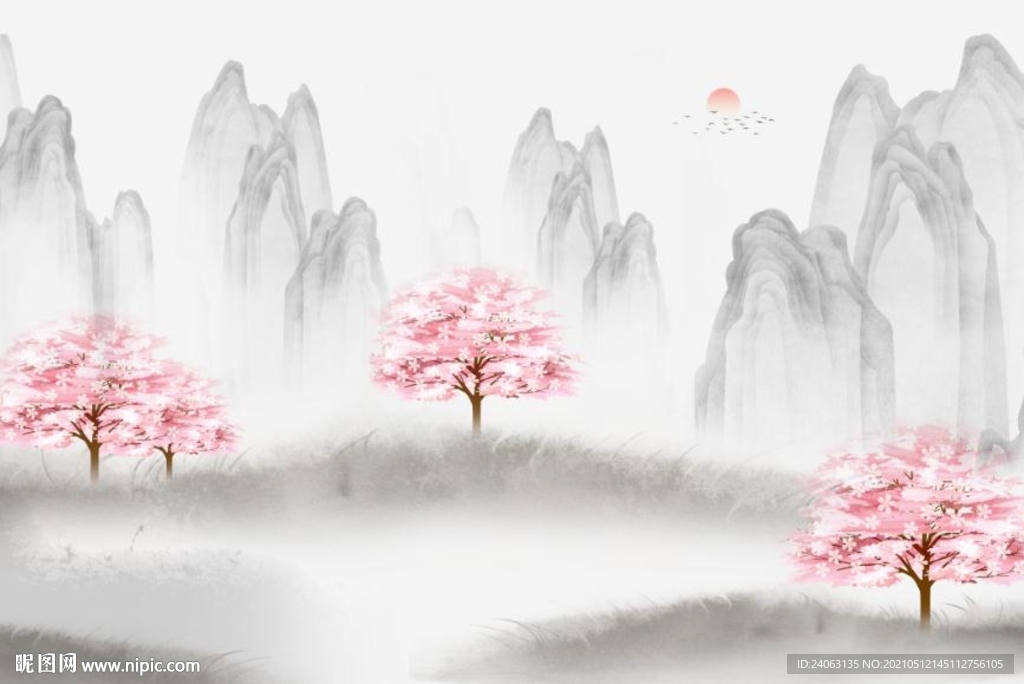中式江山如画秀丽山水桃花背景墙