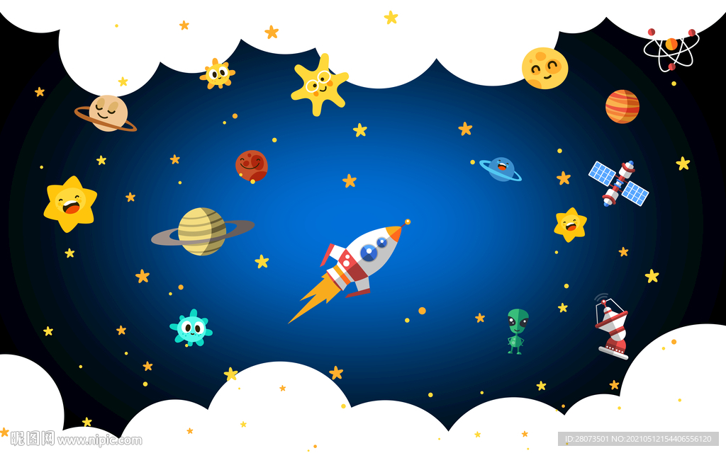 新款手绘太空宇宙儿童房背景墙