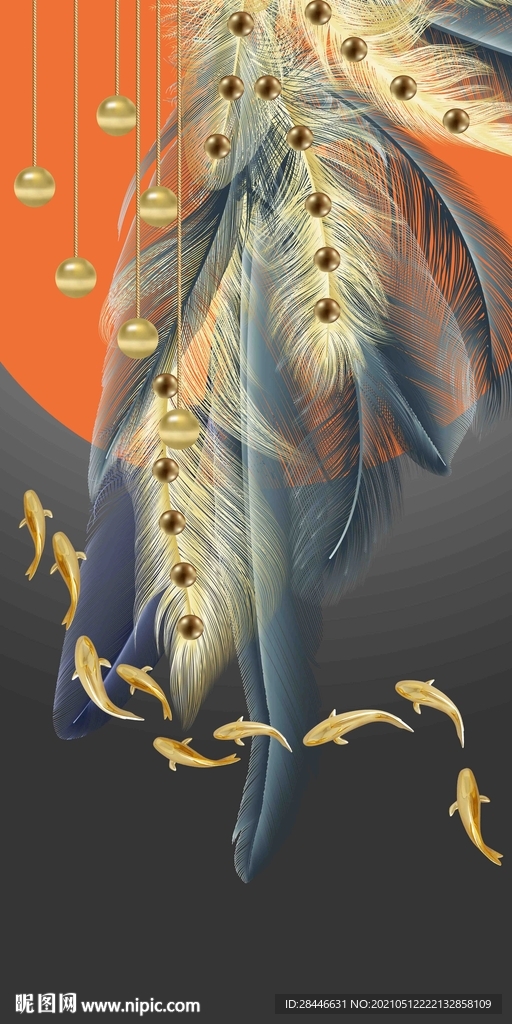 现代时尚金色羽毛抽象晶瓷画轻奢