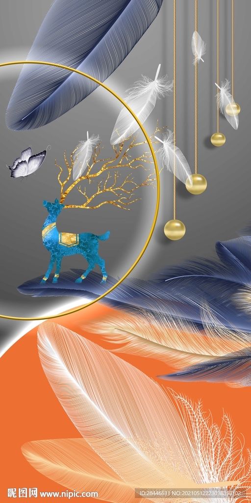 现代时尚金色羽毛抽象晶瓷画