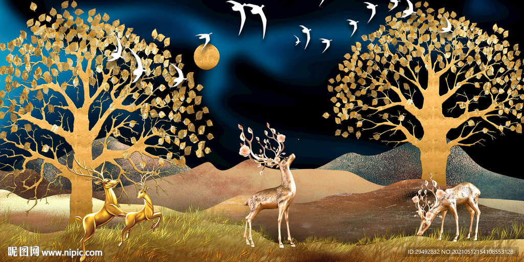 麋鹿黄金树简约装饰画 