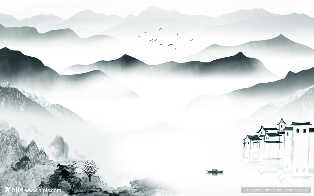 中式客厅意境山水 tif分层