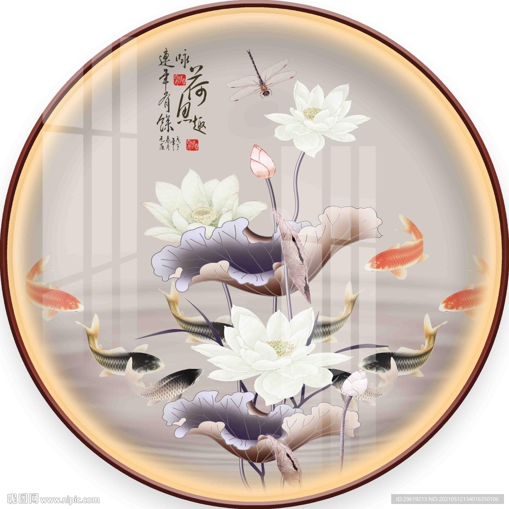 中式手绘荷花圆形装饰画图片