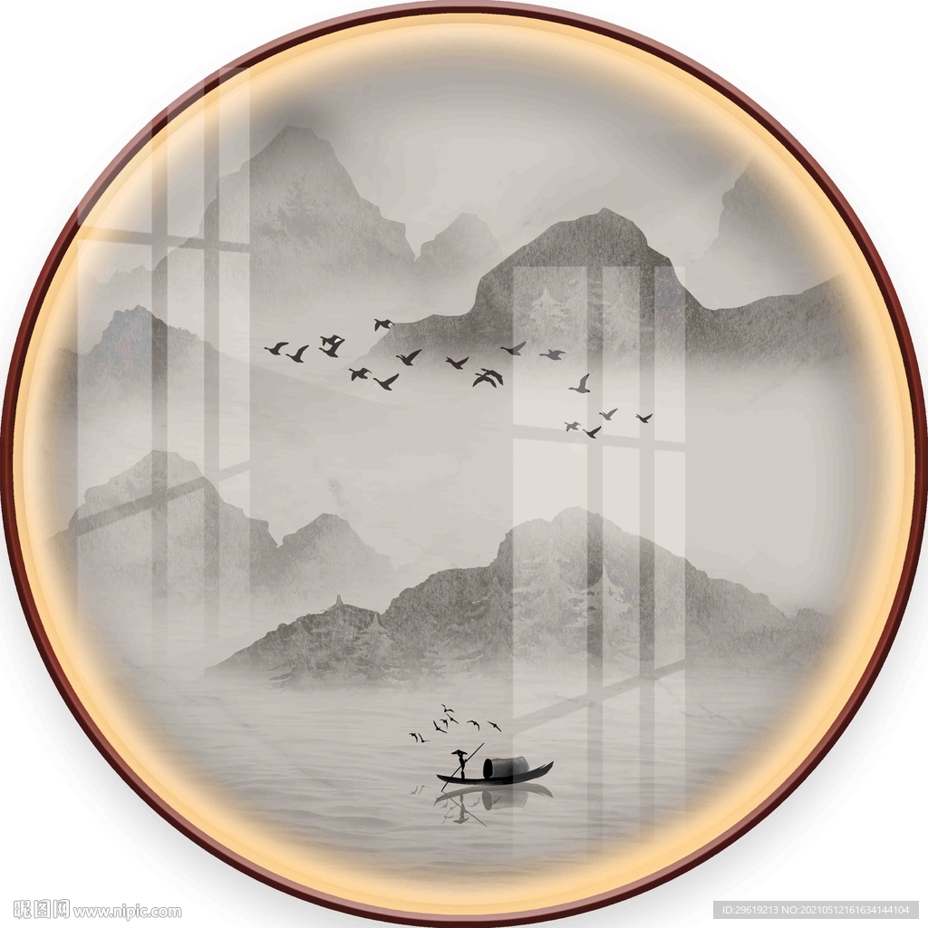 中式山水圆形装饰画图片