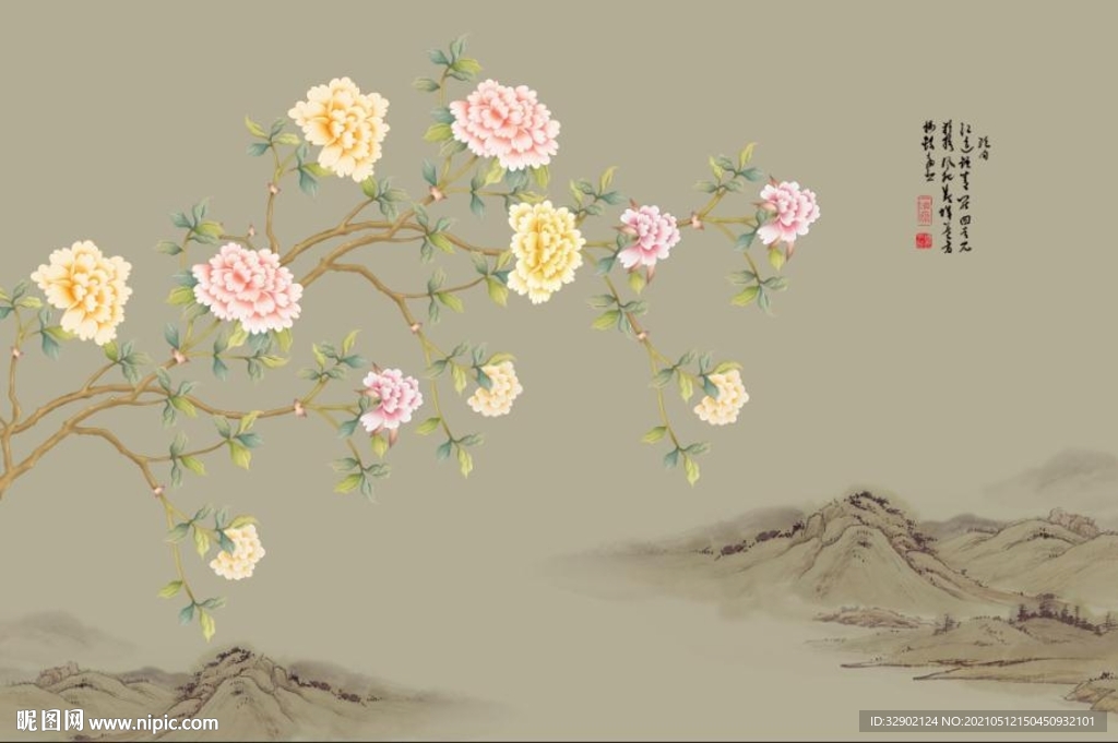 工笔牡丹花开富贵山水画背景墙