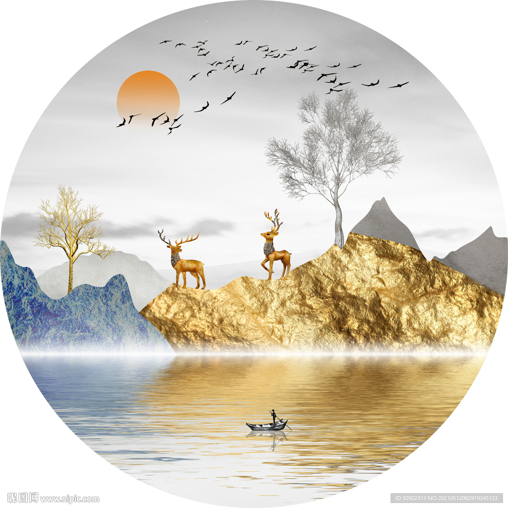 金色山水麋鹿山水