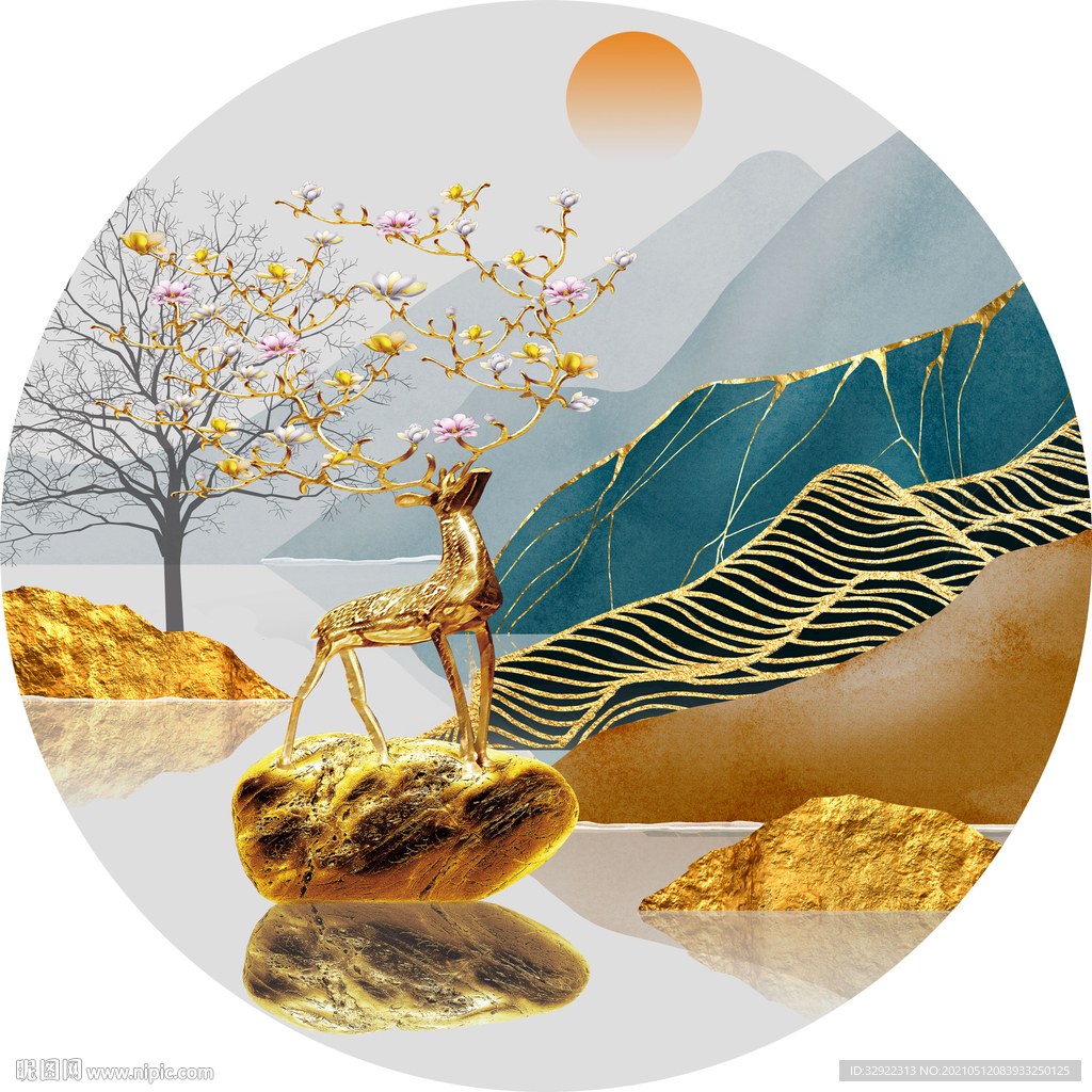 麋鹿山水圆形玄关