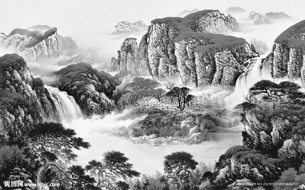 中国风山水现代新画 文件分层画