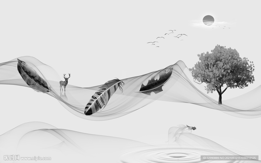 山水电视背景墙画 分层文件 