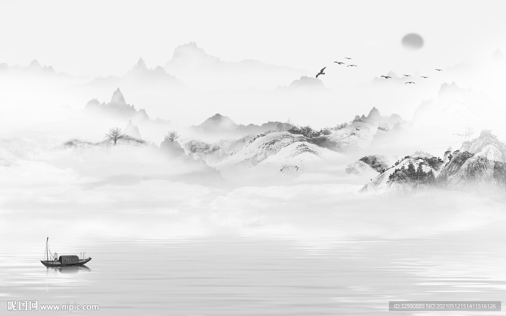 别墅新山水意境画 文件分层画