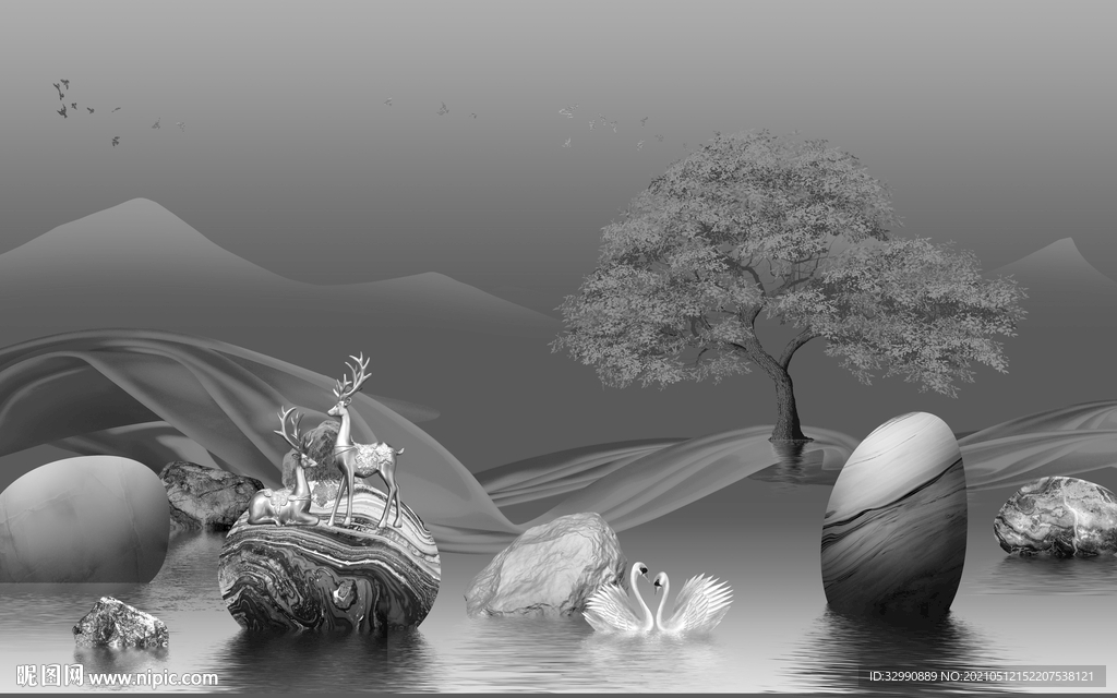 麋鹿新山水意境画 文件分层画