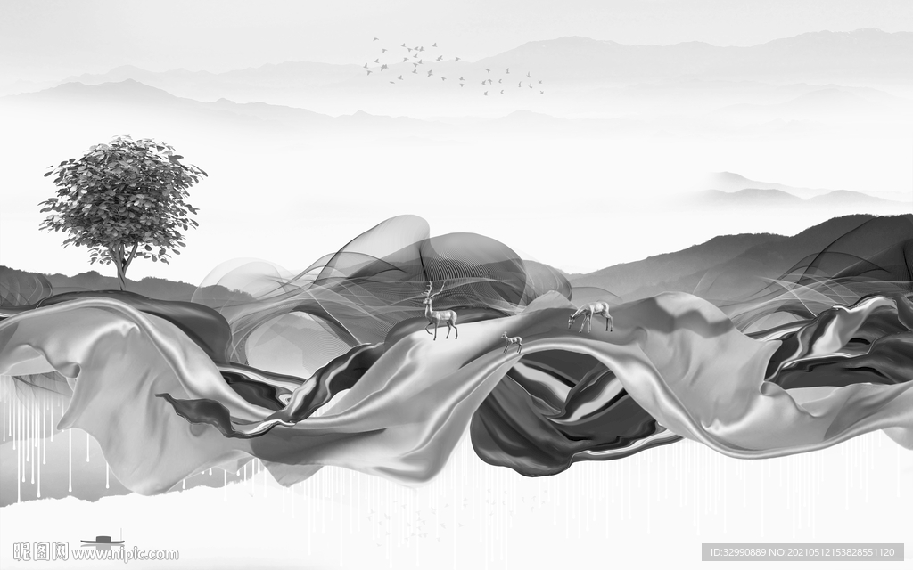 灰色新山水意境画 文件分层画