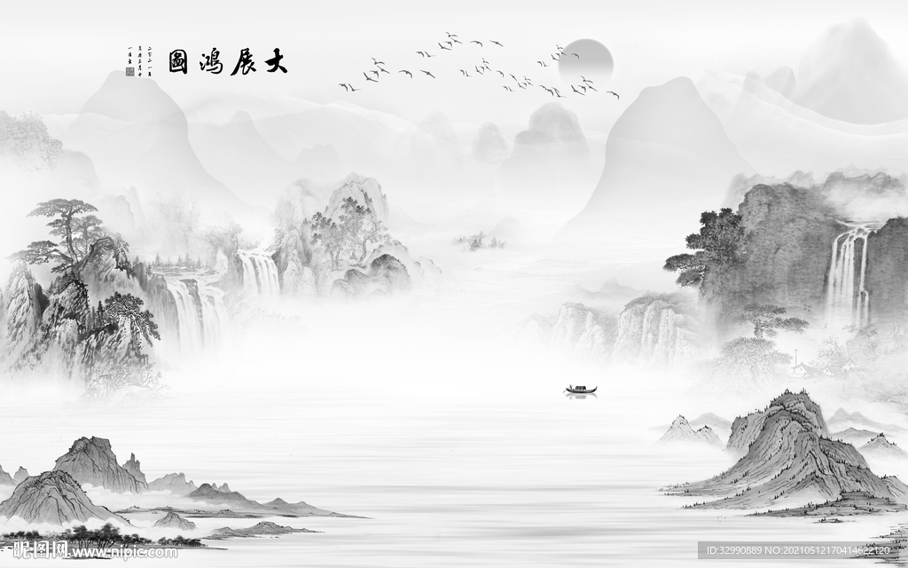 别墅新中式山水图 文件分层画