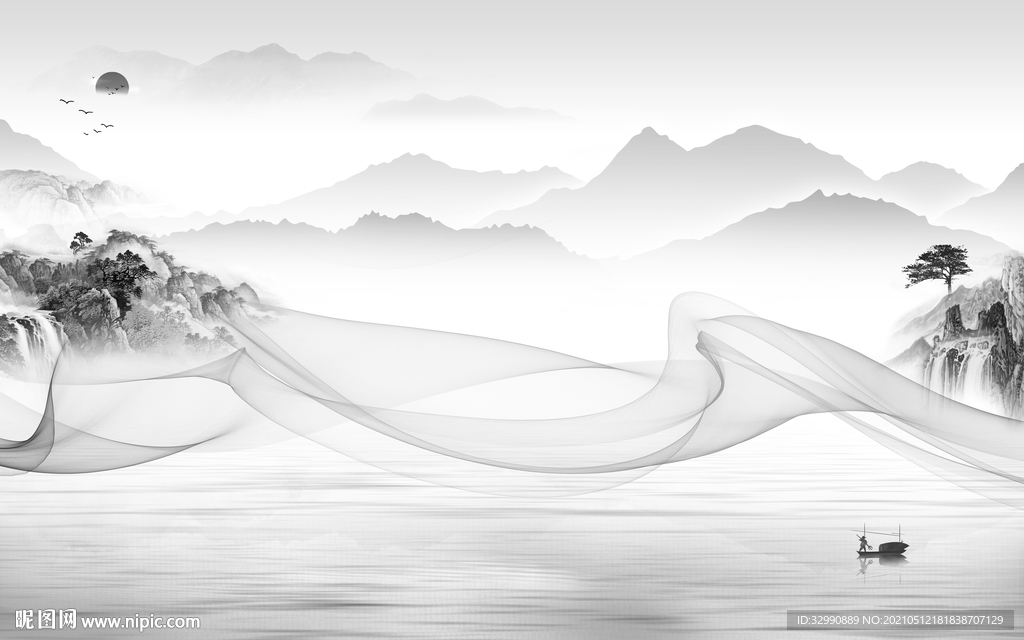 高清新中式山水图 文件分层画