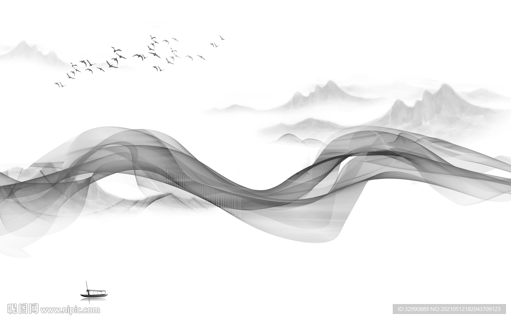 现代 新中式山水图 文件分层画