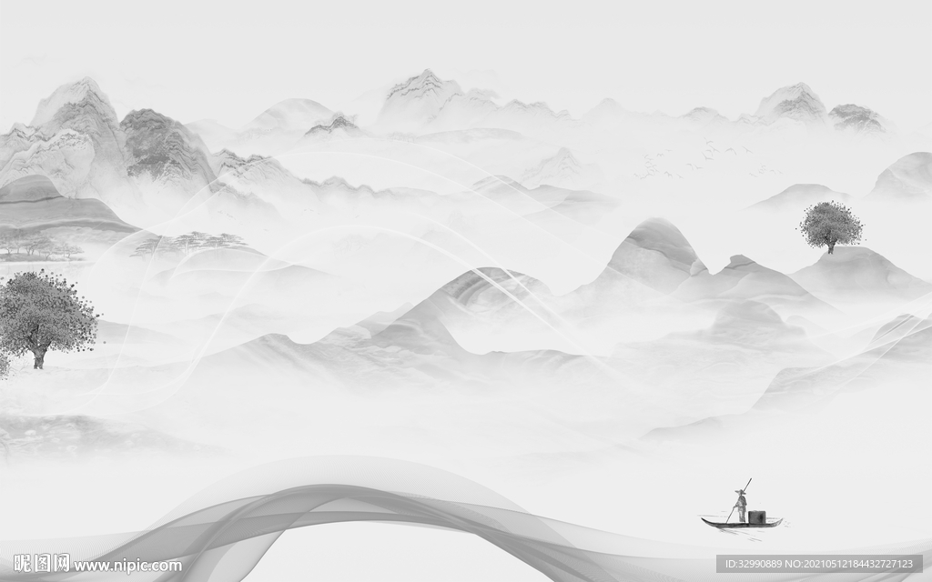 灰色高清新山水画 文件分层画