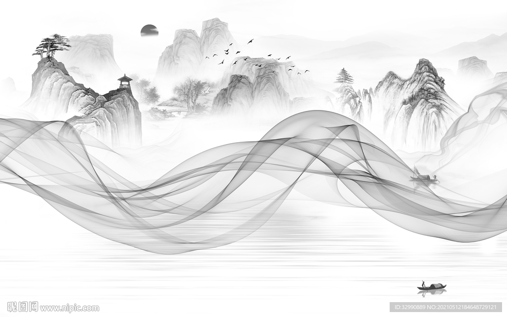 线条高清新山水画 文件分层画