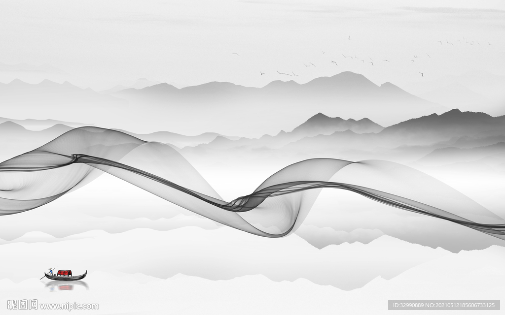 线条中式新山水画 文件分层画