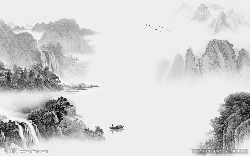 别墅高清山水画 文件分层画 