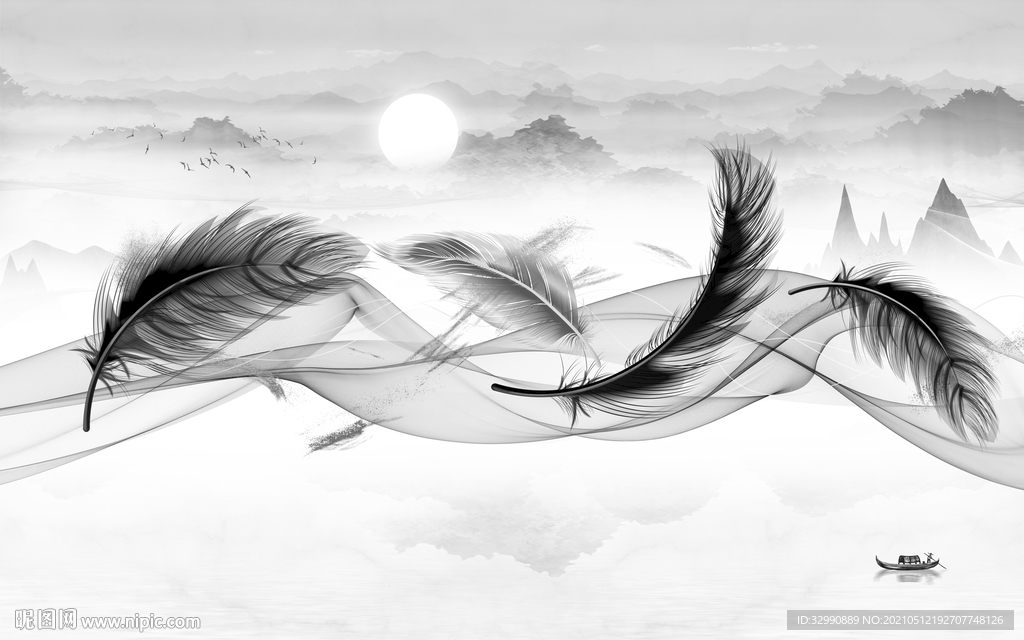 羽毛 高清山水画 文件分层画 