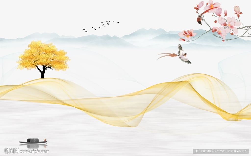 新中式曲线山水图背景墙