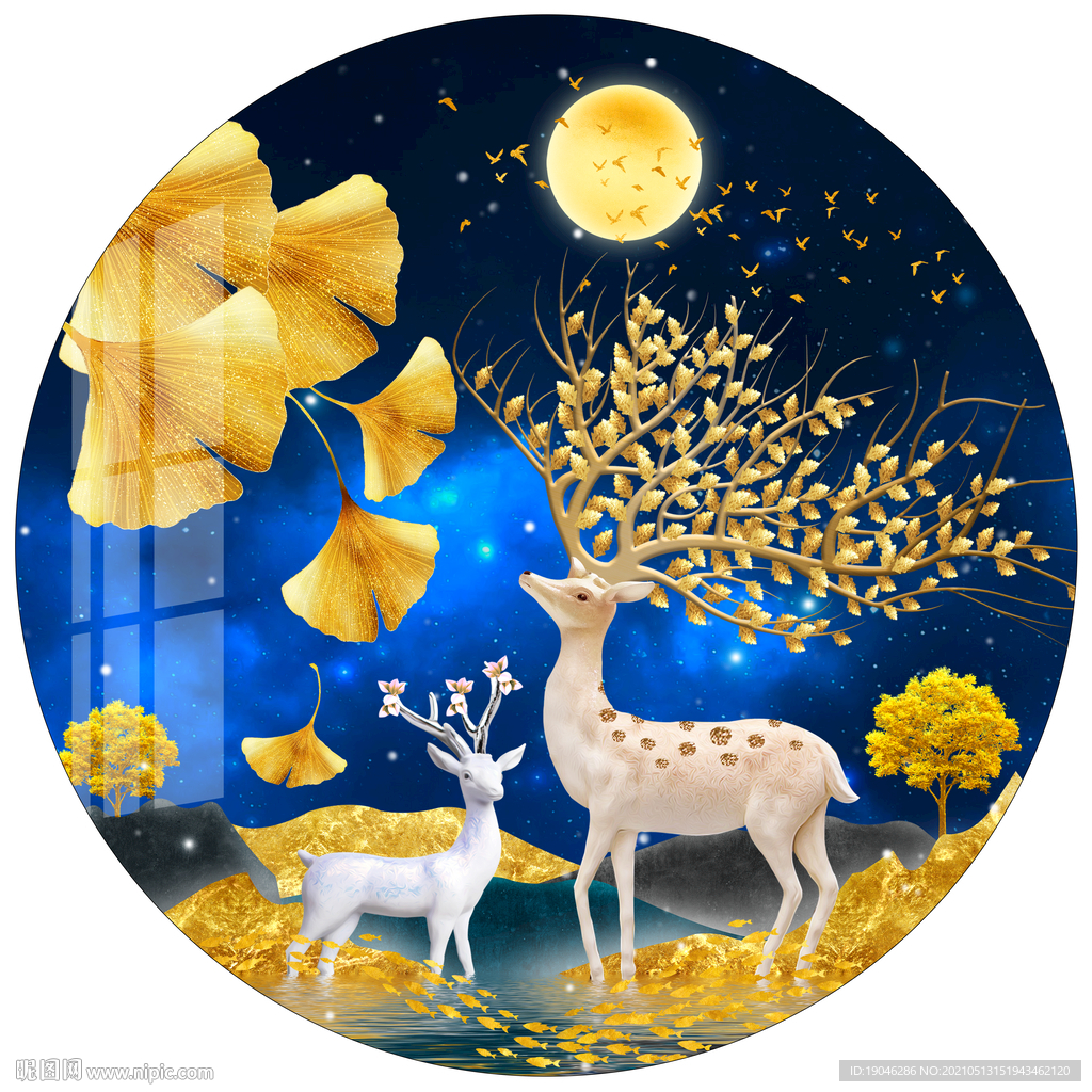 金色银杏叶麋鹿圆形装饰画