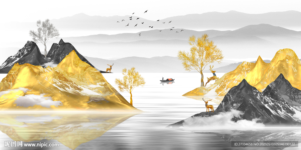 新中式金色山水画装饰画