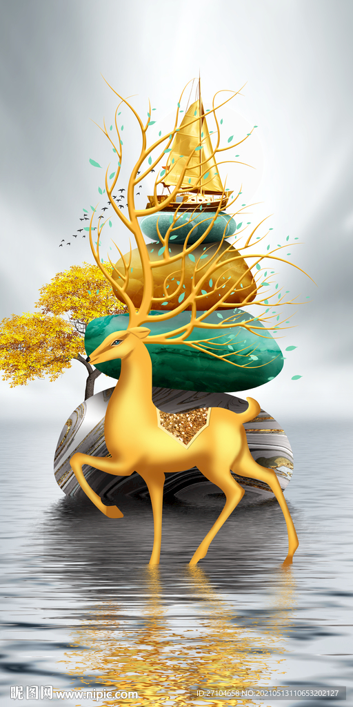 发财鹿山水画玄关