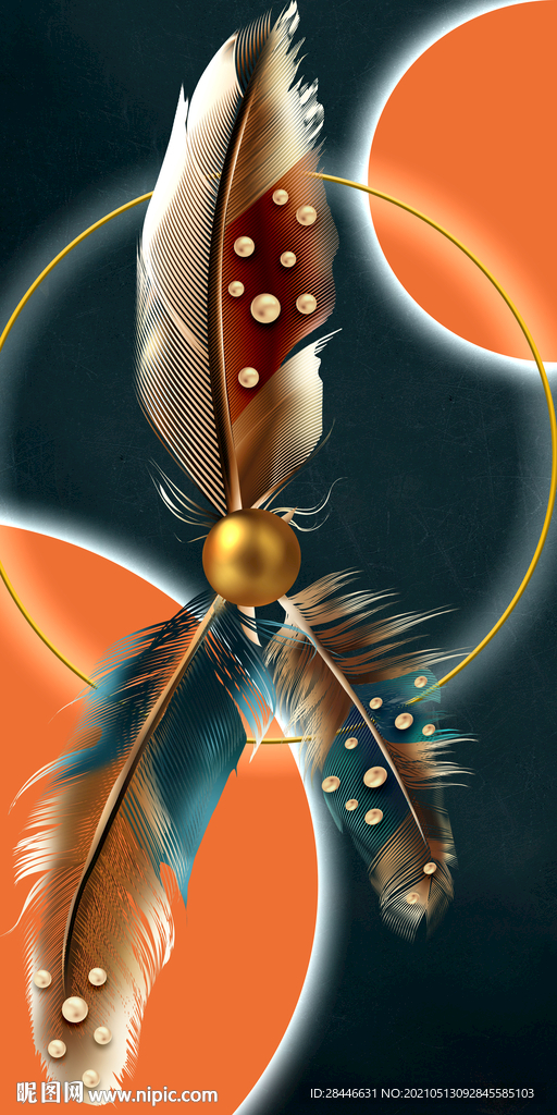 现代时尚金色羽毛抽象晶瓷画轻奢