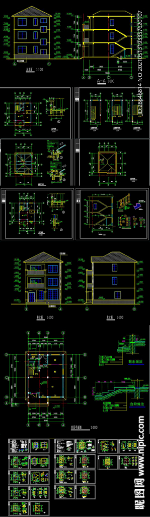 三层砖混结构别墅建筑及结构图