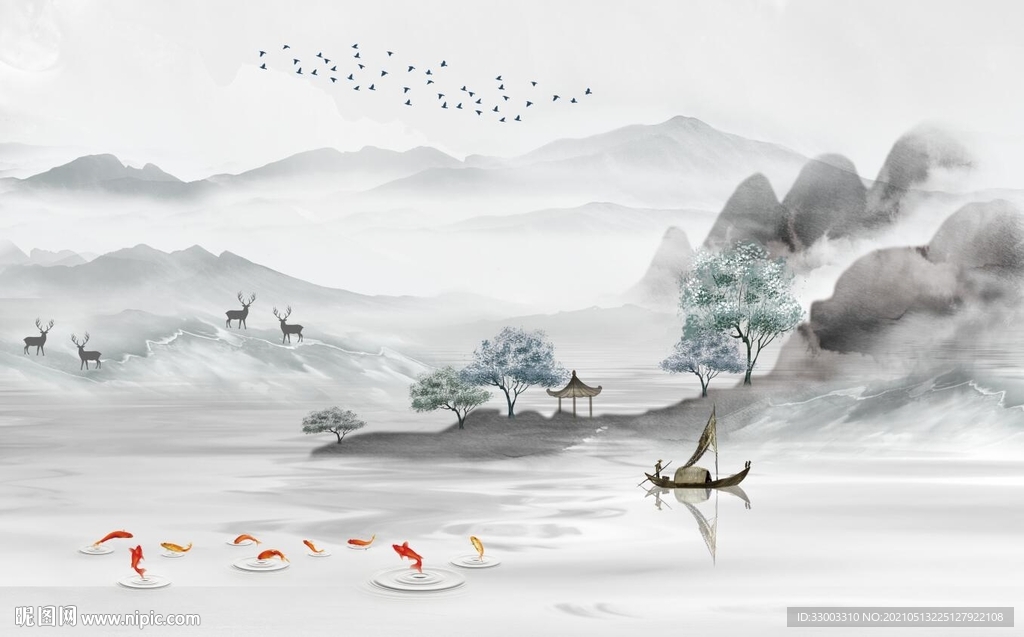 新中式高山流水背景墙