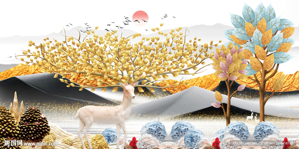 金麋鹿浮雕立体装饰画