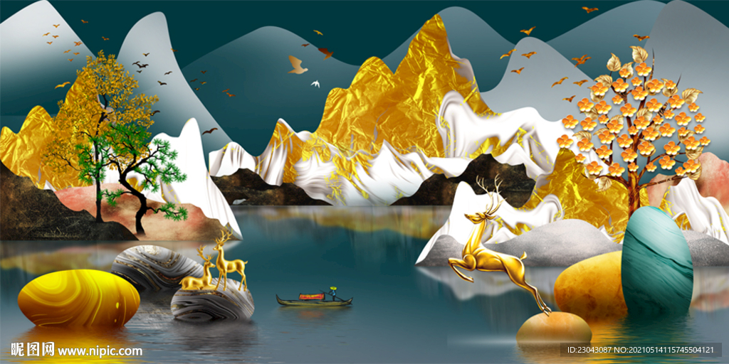 石来运转麋鹿山水画