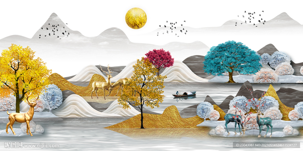 麋鹿发财树山水装饰画