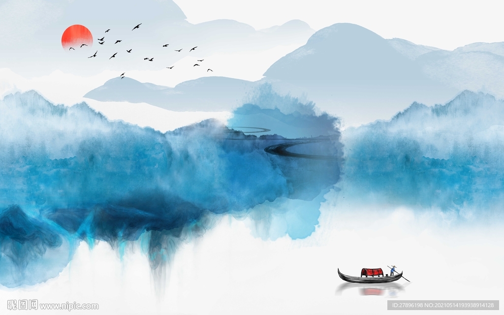 蓝色水墨山水背景墙