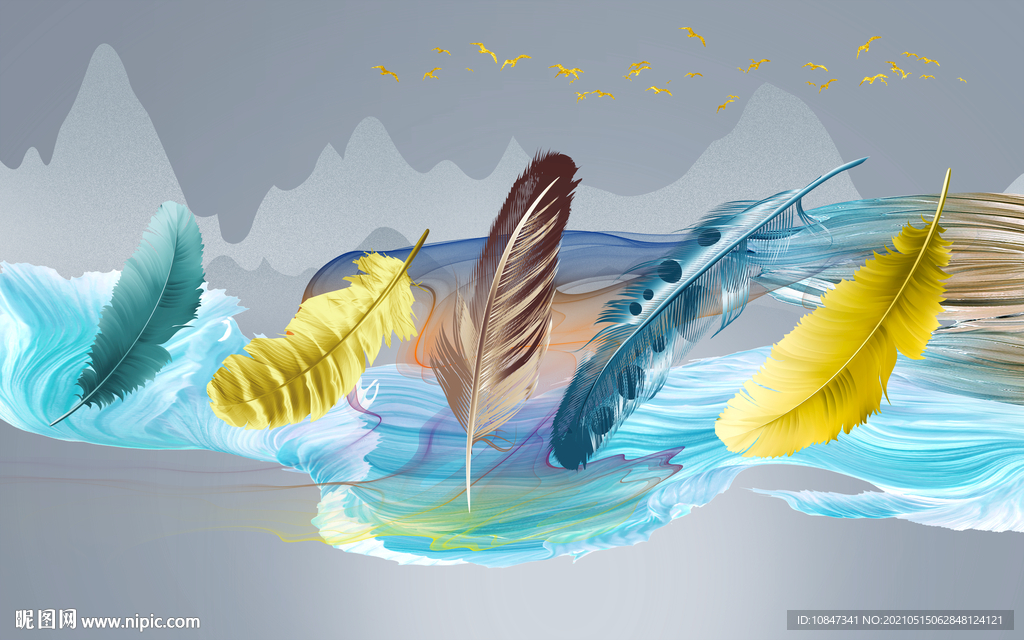 羽毛山水风景画 TIF分层