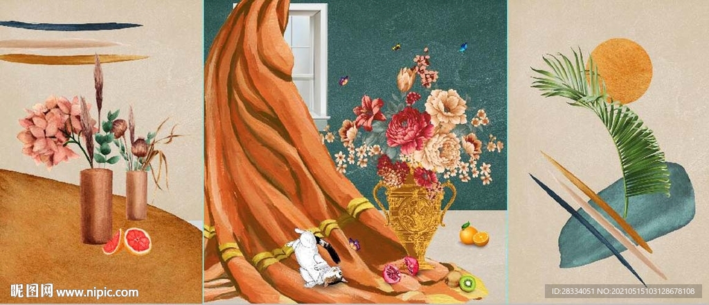北欧风抽象花瓶水果油画装饰画