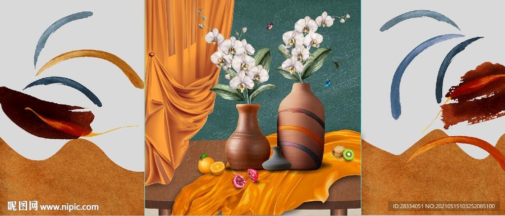 北欧风抽象花瓶水果油画装饰画