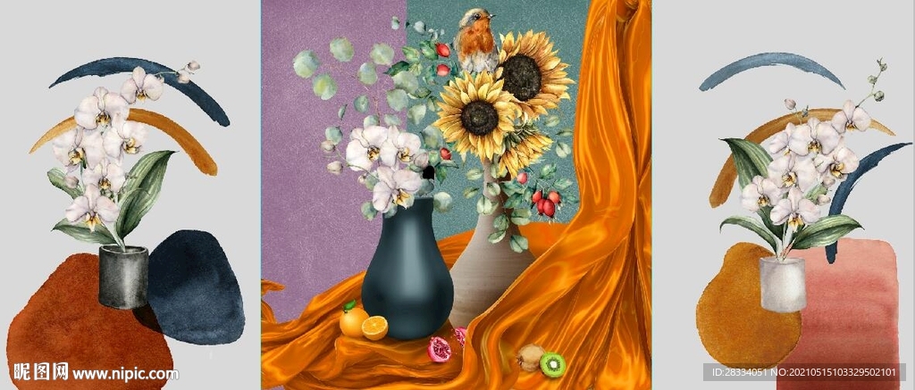 北欧风抽象花瓶水果油画装饰画