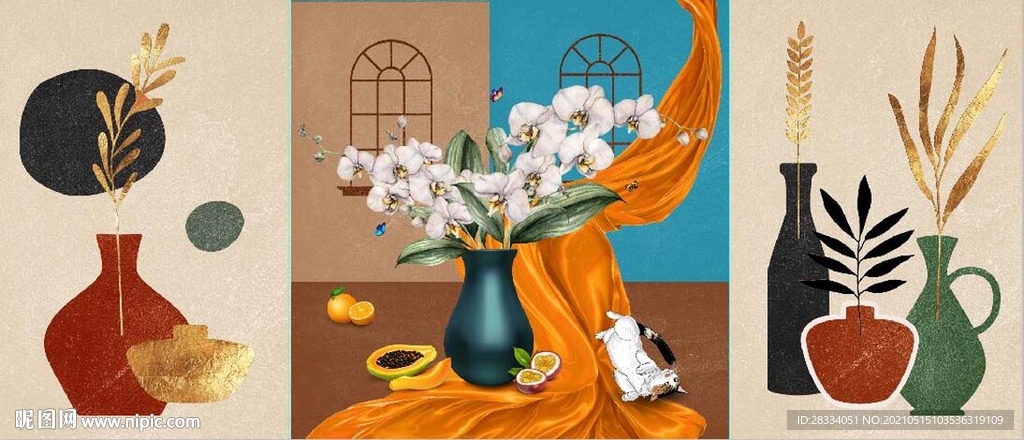 北欧风抽象花瓶水果油画装饰画